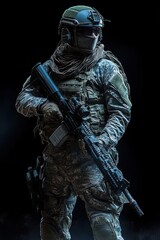 Naklejka premium armed soldier in full tactical gear holding a rifle with night vision equipment standing against a dark background conveying alertness and readiness
