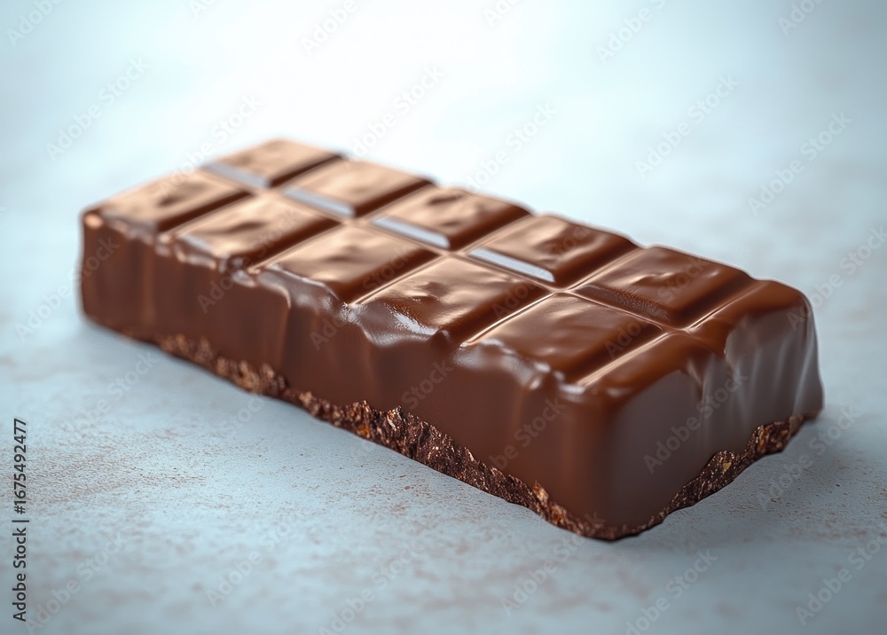Poster close-up of a smooth chocolate bar with a textured crunchy base on a light surface evoking indulgenc