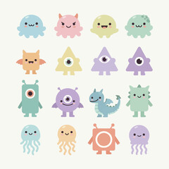 Fototapeta premium Collection of cute pastel monsters: jellyfish, octopus, triangles, squares, aliens, and dragons.