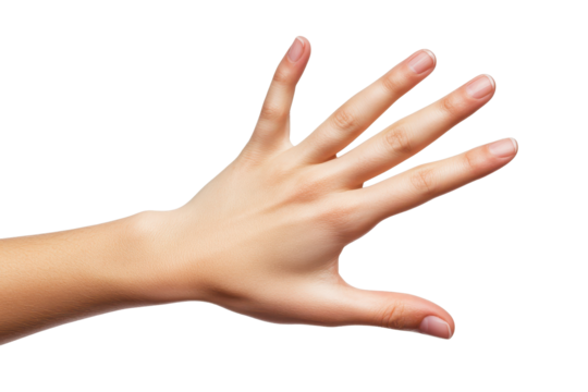 Woman's hand displays stop gesture against plain background conveying a clear message of halting or pausing in everyday life situations