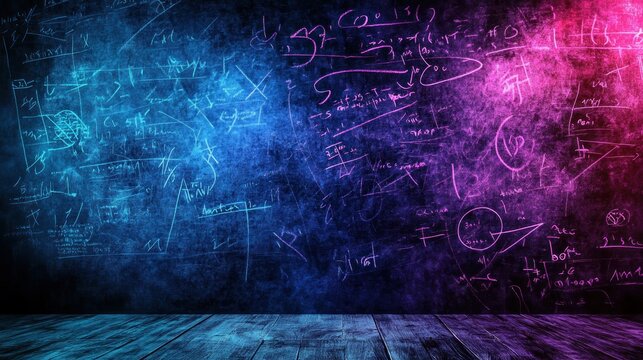 Dark textured wall illuminated by blue and purple lights covered with numerous mathematical and scientific formulas and symbols above wooden floorboards