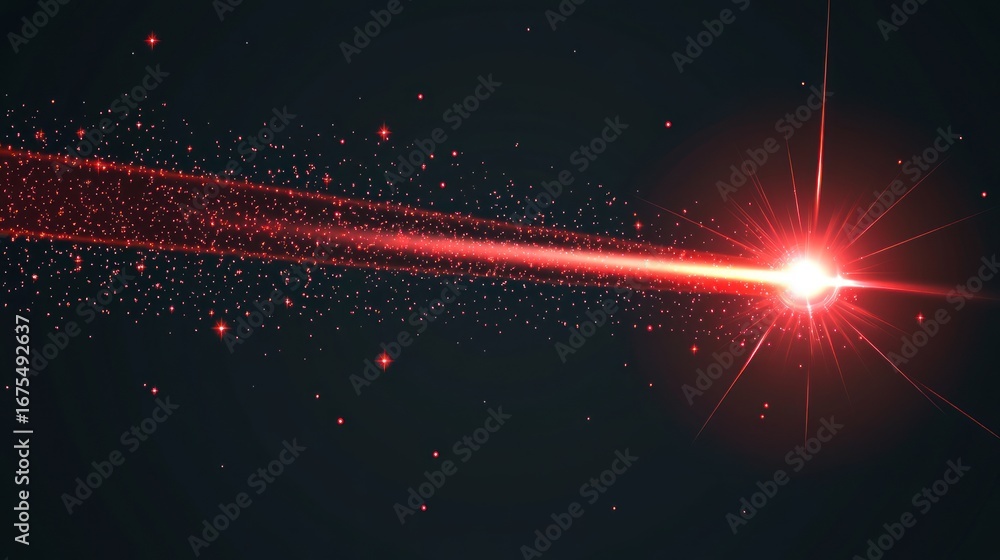 Poster red laser beam with sparkles on dark background for technology concepts