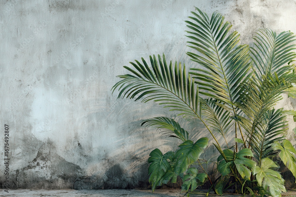 Poster tropical palm leaves on a rustic empty background with a textured wall providing a serene and natura