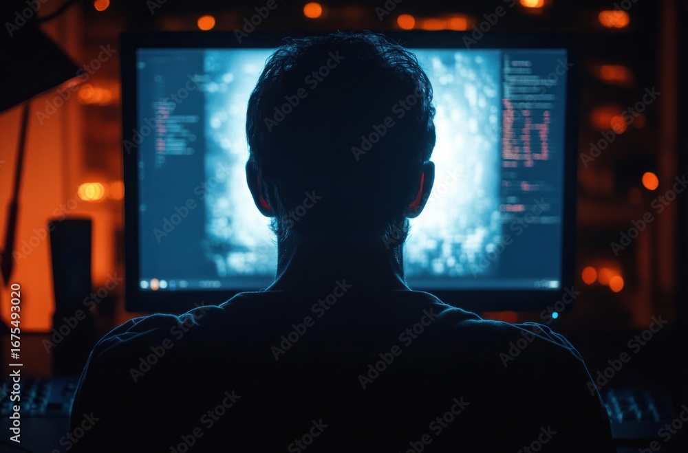 Poster person working late at night with intense focus on a computer screen displaying code in a dimly lit 