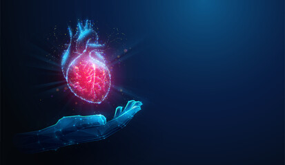 Low-Poly Hand Holding a Human Heart Made of Neon Particles with Glowing Blood Vessels. Abstract Vector Illustration Depicting Cardiovascular System Health Care Medical Concept on Blue Background.