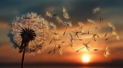 Obraz premium Dandelion Seeds Dispersing at Sunset