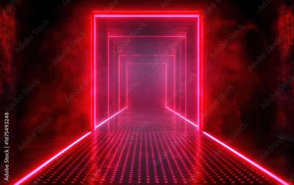 Poster dark corridor with glowing neon red rectangular frames and dotted floor illuminated through mist and