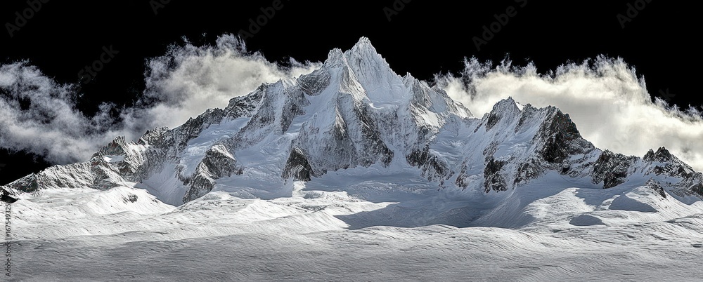 Poster Dramatic snow-covered mountain range with sharp peaks under dark sky and wisps of clouds creating a majestic and serene atmosphere