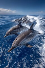 Fototapeta premium Breathtaking vertical photograph taken from a sailboat's deck captures a pod of joyful dolphins leaping from the ocean against a beautiful sunny sky.