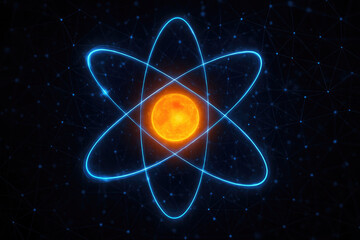 Abstract Atomic Structure With Glowing Nucleus And Orbiting Electrons science physics