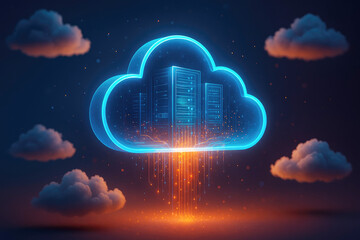Abstract cloud computing with glowing servers and digital data streams technology
