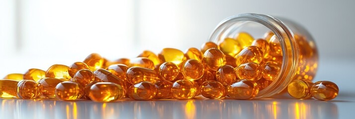 A glass jar tipped over spilling numerous amber-colored soft gel capsules on a reflective surface in soft natural light