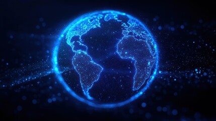 Glowing digital representation of the Earth with blue neon light effects highlighting continents in a sparkling, futuristic style on a dark background
