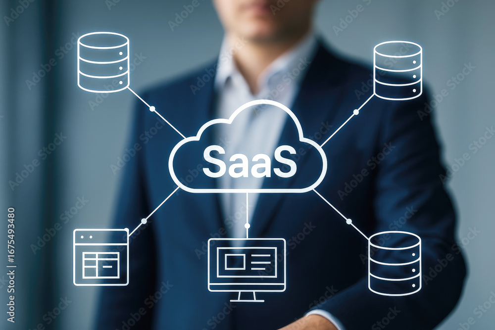 Poster businessman in suit with saas cloud network diagram and database icons saas computing