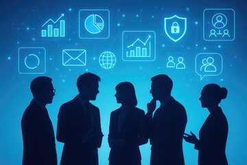 Business professionals in silhouette discussing data and strategy with digital icons meeting discussion