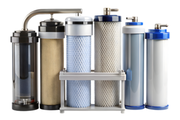 Water filters carbon filters cartridge membrane for water filtration reverse osmosis 3d rendering isolated on transparent background