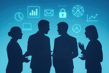 Business professionals in silhouette discussing strategy with digital icons overhead meeting discussion