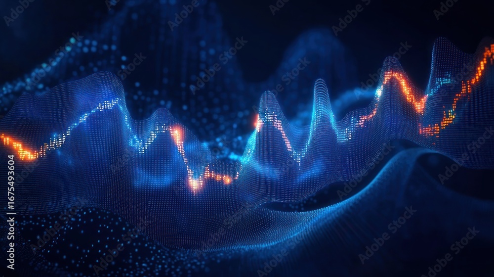 Poster abstract digital waveforms with glowing blue and orange dots forming dynamic fluctuating lines in a 