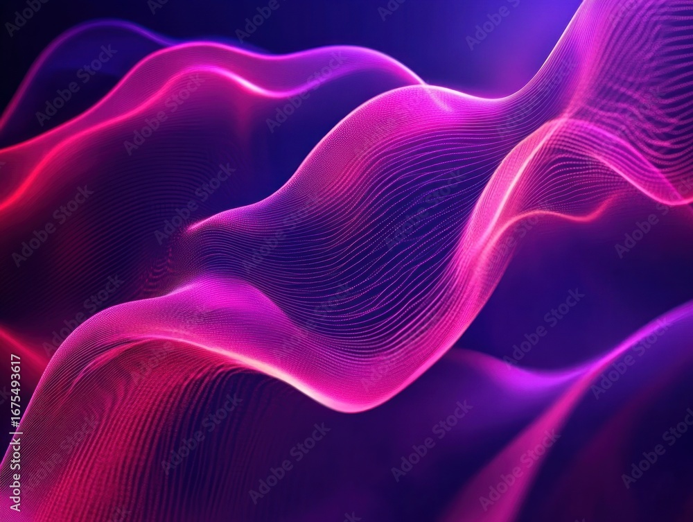 Poster abstract flowing wave of purple and pink neon light lines creating smooth curves and glowing contour