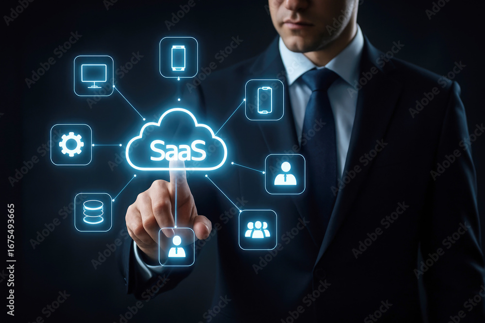 Poster businessman touching a cloud saas icon connected to various digital services and devices saas softwa