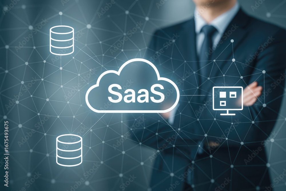 Poster businessman with arms crossed in front of saas cloud network and data connections saas computing