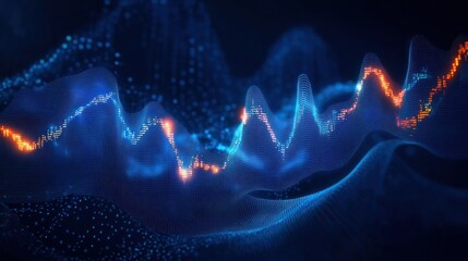 Abstract digital waveforms with glowing blue and orange dots forming dynamic fluctuating lines in a dark background conveying technology and data flow