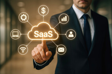 Businessman touching a glowing cloud icon with SaaS and surrounding business icons SaaS software as a service