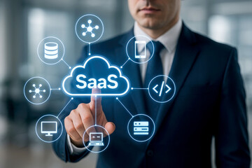 Businessman Touching SaaS Cloud Icon with Connected Digital Services on a Futuristic Interface SaaS