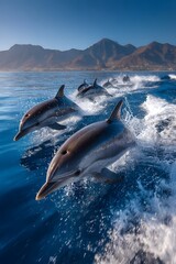 Fototapeta premium Breathtaking vertical photograph taken from a sailboat's deck captures a pod of joyful dolphins leaping from the ocean against a beautiful sunny sky.