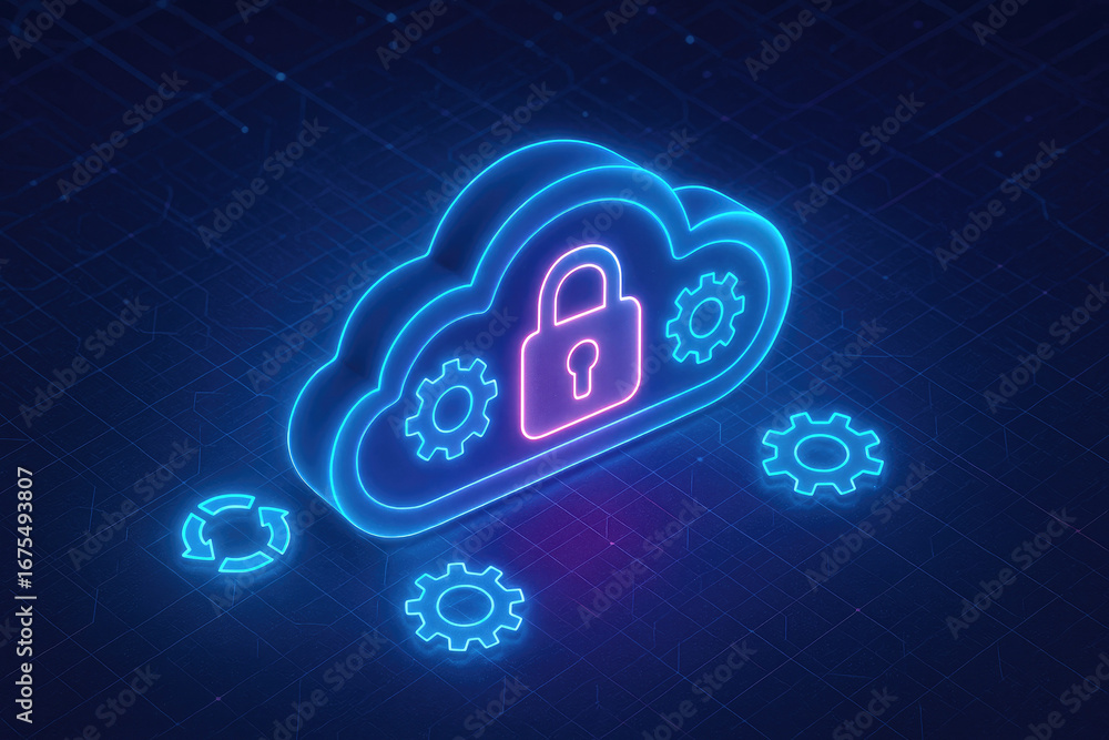 Poster cloud computing security lock and gears neon abstract technology concept image photo