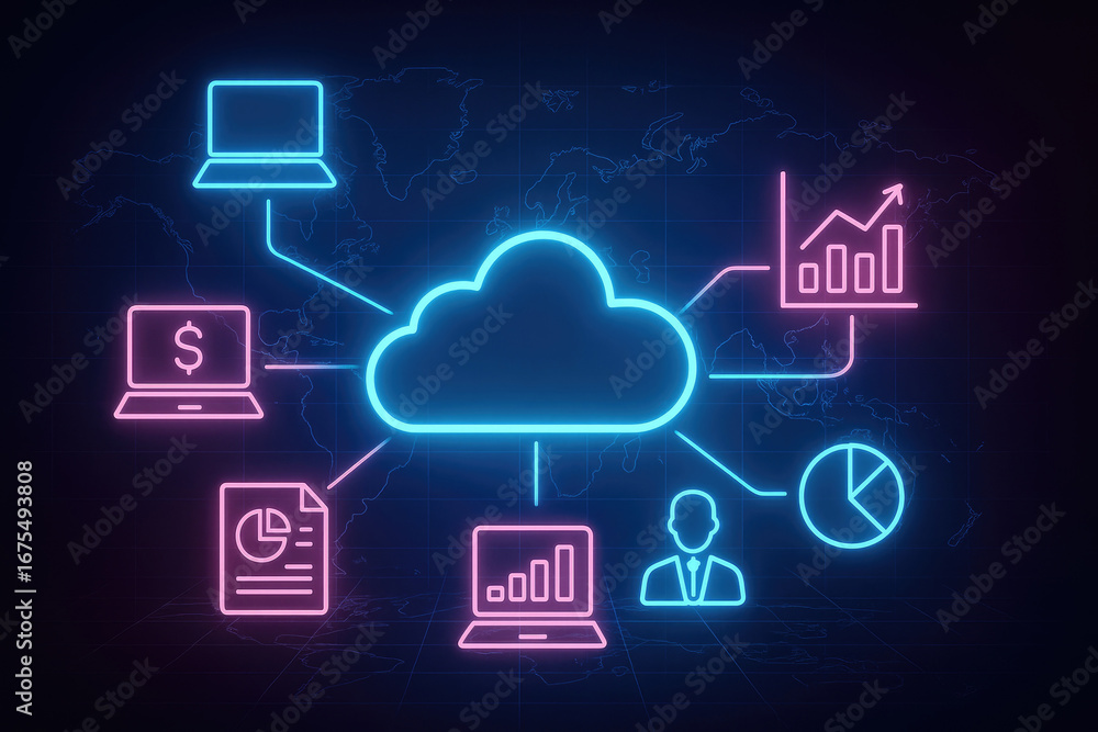 Aufkleber cloud computing network with neon business and data icons technology