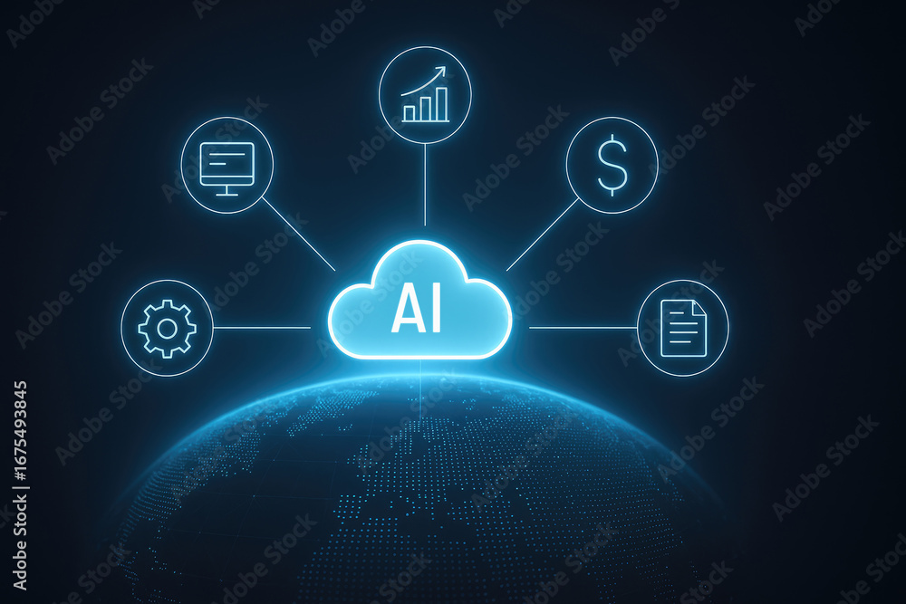 Poster cloud technology concept with icons linked to a luminous digital globe data information