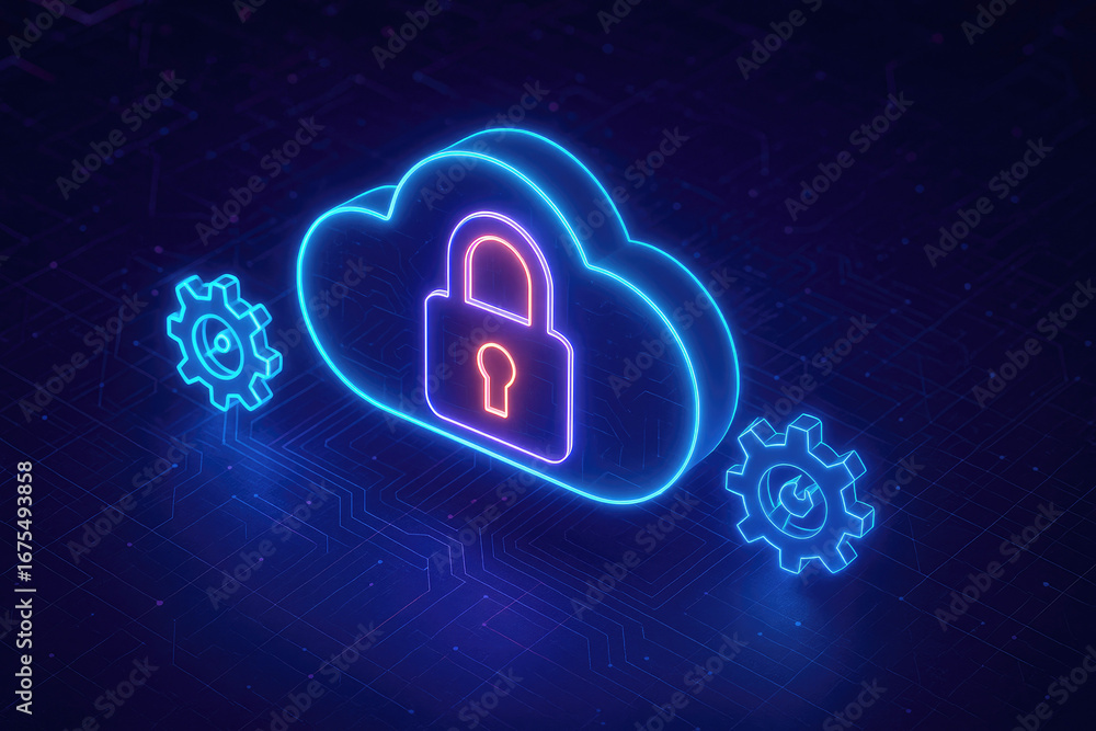 Poster cloud computing security lock and gears neon abstract technology concept image photo