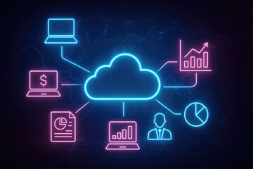 Cloud Computing Network with Neon Business and Data Icons technology
