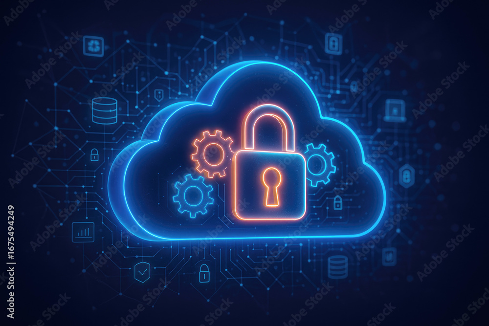 Poster digital cloud security with padlock and gears on circuit board with icons cloud computing data prote