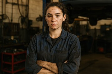 Female Mechanic Focused in Garage.