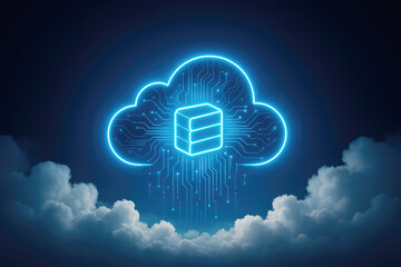 Digital cloud icon with database symbol and glowing circuit board in clouds computing technology