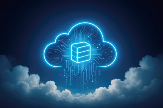 Digital cloud icon with database symbol and glowing circuit board in clouds computing technology