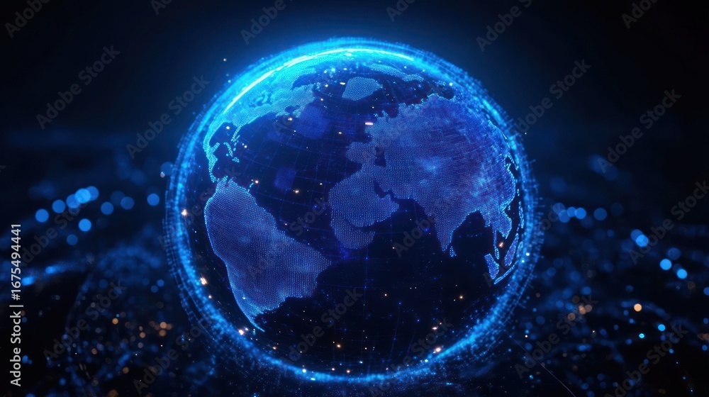 Poster digital glowing blue 3d globe with detailed continents and network points representing global connec