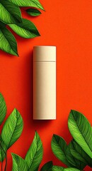 white blank face cream tube on an orange background with green leaves next to it. top view. 
