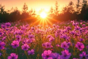 Fototapeta premium Vibrant purple wildflowers blooming in a sunlit meadow at golden sunset with trees silhouetted in the background