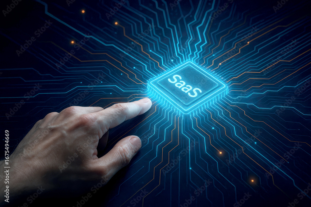 Poster finger touching glowing saas chip on digital circuit board background saas software