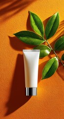 white blank face cream tube on an orange background with green leaves next to it. top view. 