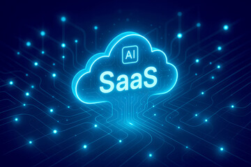 Futuristic AI SaaS cloud computing network with glowing blue circuits and nodes SaaS technology