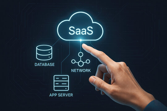 Finger touching a cloud icon labeled SaaS connected to database app server and network icons SaaS computing - Powered by Adobe