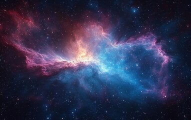 Vibrant cosmic nebula glowing with bright blue, purple, and red hues surrounded by countless stars in the vastness of space, evoking awe and mystery