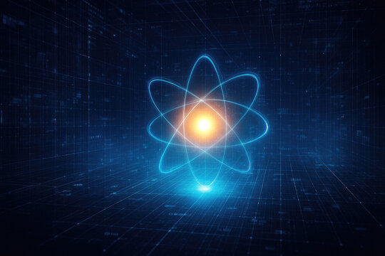 Glowing Blue Atom Model with Orbiting Electrons and Digital Grid Background atomic science