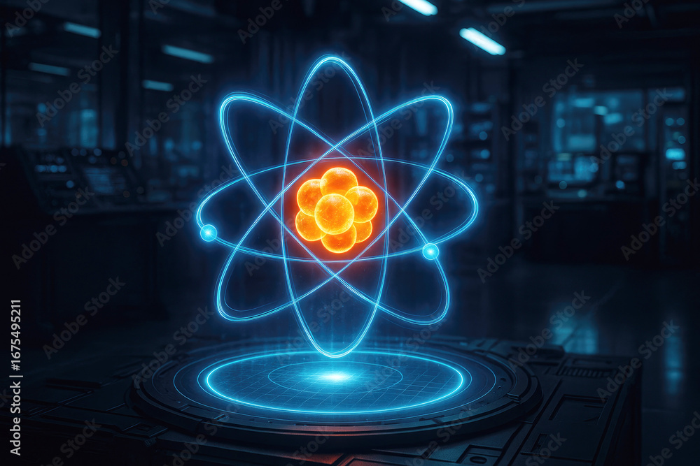 Poster glowing neon atom model with orbiting electrons on a futuristic platform in a dark laboratory scienc