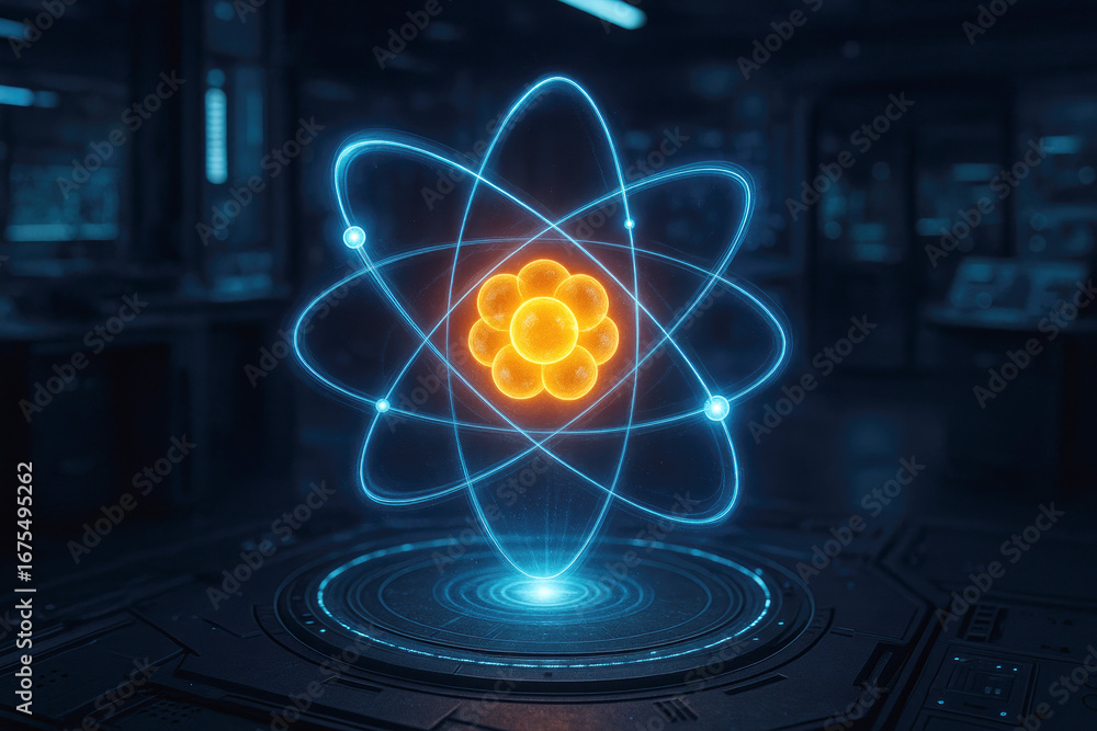 Poster glowing neon atom model with orbiting electrons on a futuristic platform in a dark laboratory scienc