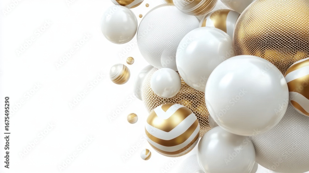 Poster cluster of glossy white and gold spheres with varied textures and patterns floating together on a wh